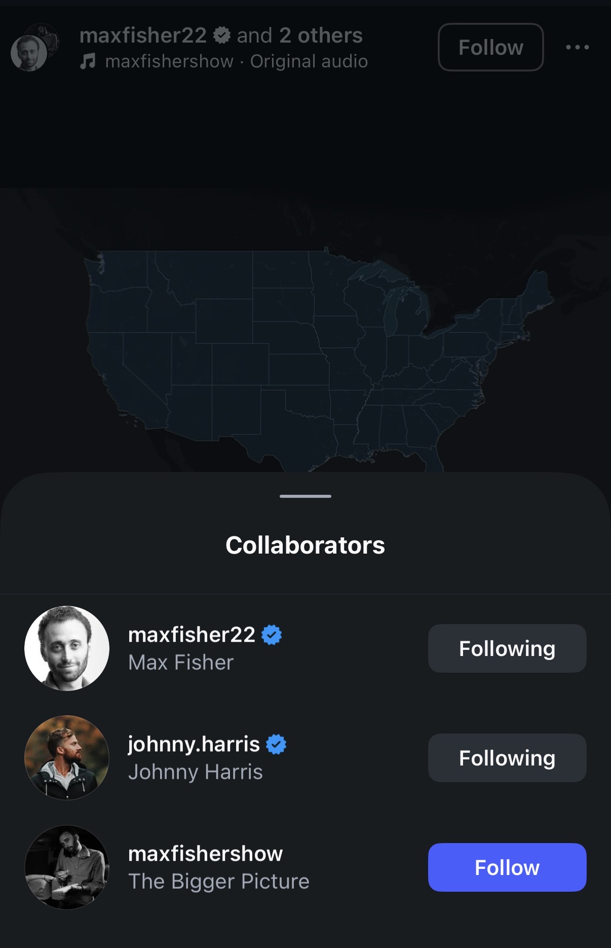 Instagram/TikTok collaboration sheet showing multiple creators tagged as collaborators on a single post.